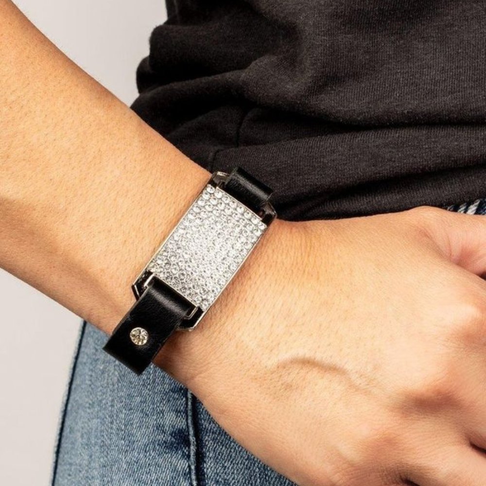 Black Leather Rhinestone Statement Snap Bracelet